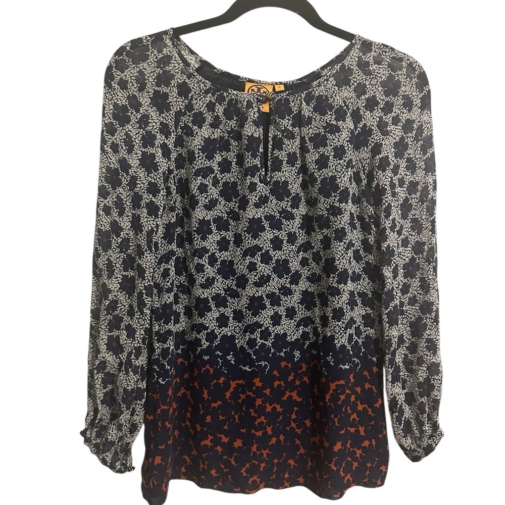 Tory Birch 100% Silk Womens Blouse Blue Floral Tunic Keyhole Neck Top Size 0